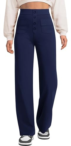 Oyamiki Ladies Trousers Elasticated Waist Wide Leg Yoga Pants Button Down Navy Blue S