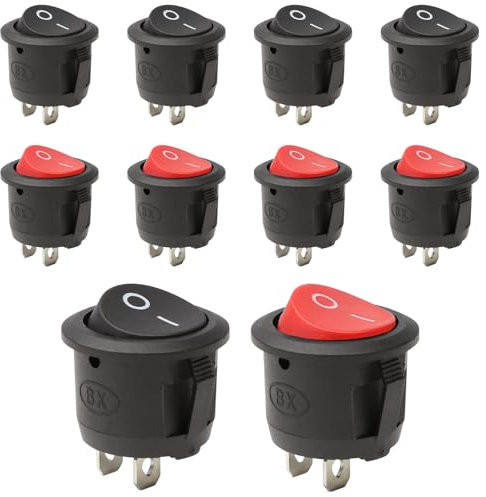 IETWATE 10 interruttori a levetta a 2 poli, interruttore rotondo, mini interruttore a bilanciere ON/OFF a scatto, 10 A/125 V, 6 A/250 V, rosso e nero, per veicoli elettronici, moto, barche