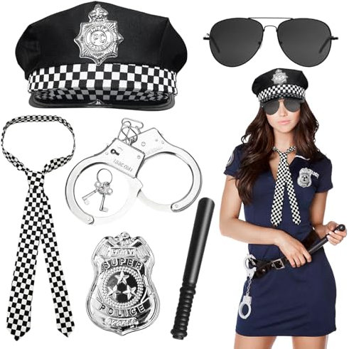JOKILY 7er Polizei Kostüm Damen Herren, Polizei Mütze Handschellen Polizeiabzeichen Schlagstock Krawatte Schwarze Brille, Karneval Kostüm Zubehör für Unisex Erwachsene/Kinder