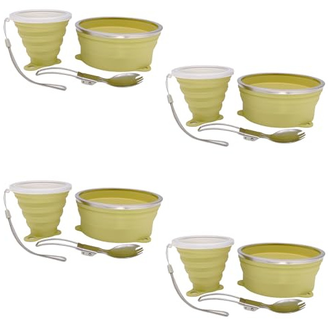 Cagelya Mess Kit for Camping Silicone Collapsible Bowl Collapsible Cup and Stainless Steel Spoon for Backpacking Outdoor Hiking Traveling and Picnic - 4 Pack