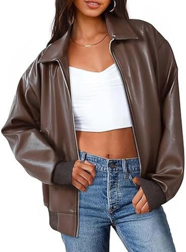 xxxiticat Donna Oversized PU Pelle Giacca Moda Moto Cappotti Autunno Abiti Giacca in Ecopelle Zip Up Capispalla, marrone, L