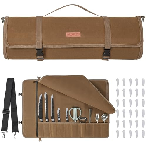 AKOZLIN Sac à roulettes pour couteaux de chef amélioré avec 10 fentes et 1 grande poche zippée en toile cirée, portable avec sangle réglable et 30 protecteurs de pointe de couteau, noir, marron