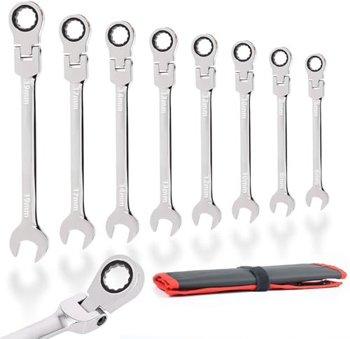 HNCY Set di 8 chiavi a cricchetto articolate (6 – 19 mm, metrico), chiave ad anello a cricchetto 72 denti, con acciaio Cr-v per fai da te, riparazione di biciclette e auto