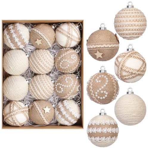 12PCS Christmas Ball Ornaments, 3.14/80MM Boho Shatterproof Christmas Tree Hanging Ball Decorations, for Home Indoor Farmhouse Xmas Vase Bowls Filler Centerpiece Rustic Decor
