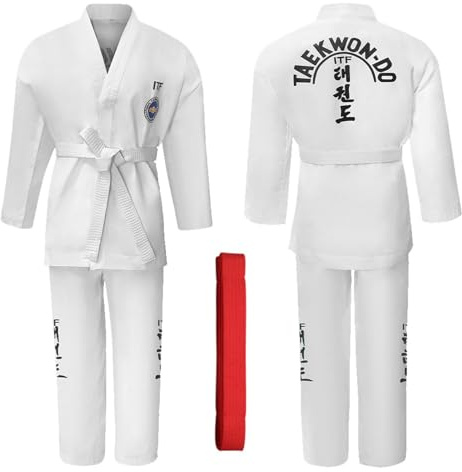 CHUIKUAJ Uniforme da Taekwondo ITF per Arti Marziali, Kimono da Karate con Cintura Gratuita, Uniforme da Combattimento per Studenti, Uomini, Donne e Bambini,White-150