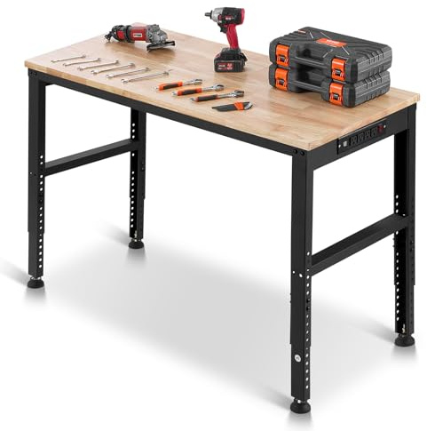 VEVOR Adjustable Workbench, 48 x 20-inch Heavy Duty Work Bench with 28.5-38.3 Inches Height Adjustment, 2000 lbs Capacity Garage Workbench with Power Outlets, Suitable for Office, Garage, Workshop