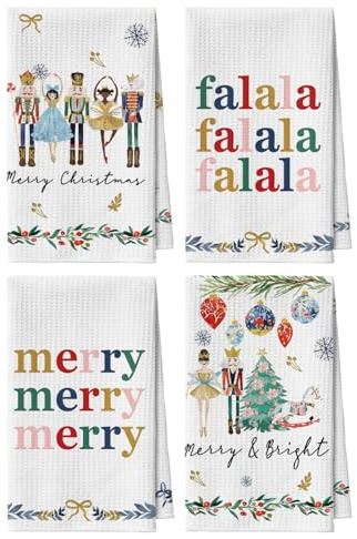 Artoid Mode Nutcrackers Tree Snowflakes Merry Christmas Kitchen Towels Dish Towels, 42x65 cm Xmas Microfiber Cloth Kitchen Drying Decoration Set of 4