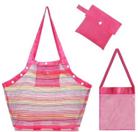 2 Teiliges Strandtasche XXL Familie, Sandspielzeug Tasche, Netztasche Sandspielzeug Faltbare Netztasche Für Strand Und Schwimmbad Strandtasche Groß Schwimmtasche, Pink Set Badetasche Damen