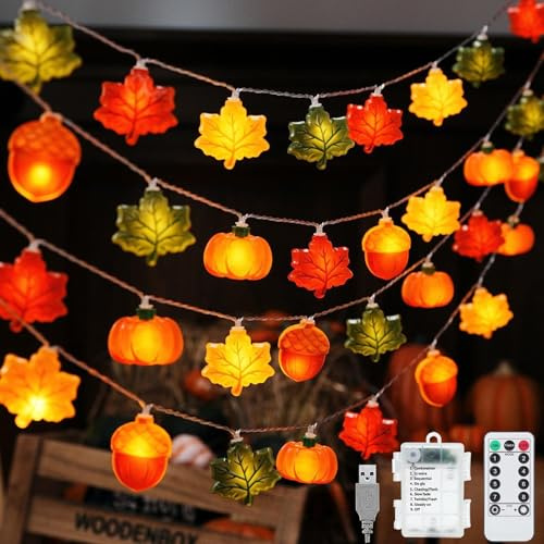 VEEKAY Catena Luminosa per Autunno 3.8 M,25 LED,8 Modalità Luci Fatate Foglie di Acero Zucca Ghianda,Ghianda con Batteria Timer,Ghiande 3D Zucca Aceri,Decorazioni Autunnali Halloween Ringraziamento