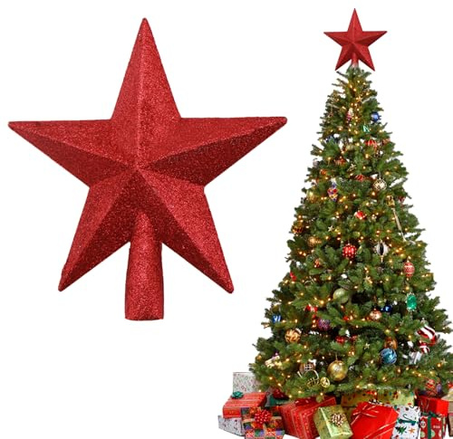 DINGFDENG Stella per Albero di Natale Rossa Lucente 20cm, Puntale per Christmas Tree, in Plastica Leggera e Stabile, Decorazione per Albero Naturale o Artificiale Decorazioni Albero di Natale