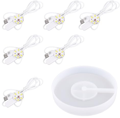 BTFO Round LED Display Base Silicone Mold, Display Base Silicone Mold with 6 Plastic Round LED Night Lights for Crystal Glass Art Resin Luminous Lamp Home Decorations