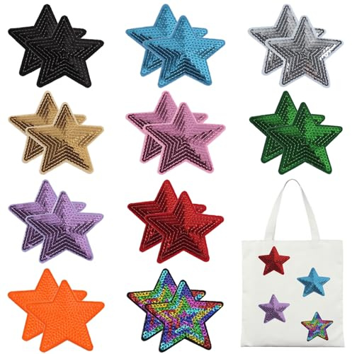 ZenyTra 20 Stück Glitzer Sterne Aufbügeln Patches, Bunte Pailletten Sterne Flicken zum Aufbügeln für Kleidung, DIY Handwerk Dekoration für Kinder und Erwachsene (10 Farben, 2 Stück pro Farbe)