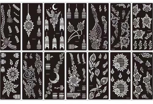 Xmasir Temporary Tattoos Stencils Kit, 14 Sheets Flower Tattoos Template Airbrush Indian Hands Forearm Body Art Tattoos for Girls Women Wedding and Party