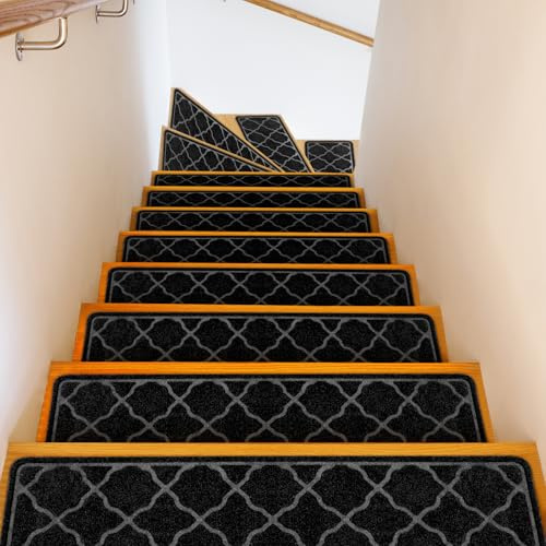Edging Stair Treads Non-Slip 76 x 20cm(15PC), Indoor Carpet Treads Machine Washable, Reusable Staircases Runner Mat with Non Skid Rubber TPR Backing for Kids Elders and Dogs