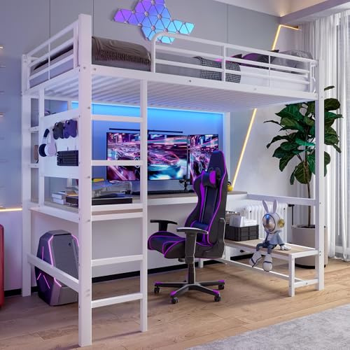 Merax Hochbett mit Schreibtisch 90x200 cm, Stabile Metallbett Multifunktionales Bettgestell mit LED-Beleuchtung, USB+Type-C Steckdose, Lochbrett und mehrere Ablagen, für Kinder/Erwachsene, Weiß
