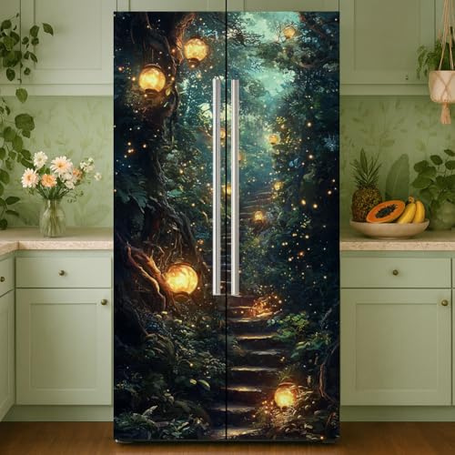 GOMAKERER 2 pellicole adesive rimovibili per frigorifero, motivo foresta con lucciole, autoadesive, in vinile, decorazione per cucina, bar, 41,5 x 200 cm