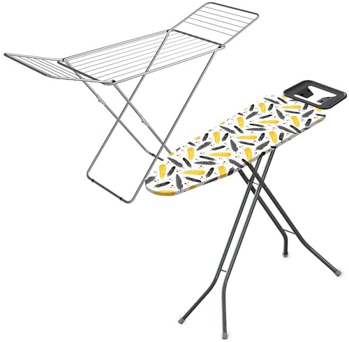 MENKËLL Kit Bucato - Stendibiancheria 18m in Acciaio + Asse da Stiro 33x110cm - Poggiaferro Integrato, Richiudibili, Salvaspazio e con Piedini Antiscivolo - Per Uso Interno ed Esterno
