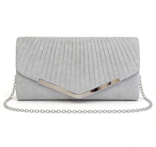 YNR Damen Abend-Clutch, silberfarben, glitzernd, Handtasche mit abnehmbarem Kettenriemen für Hochzeit, Abschlussball, Party