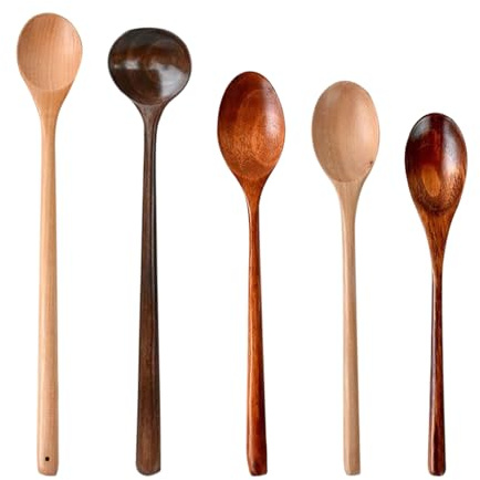 Cucharadas de sopa - Cucharada de madera | Sopas de madera artesanales de mango largo estilo chino | Cuchara de miel Woden 5 piezas, herramienta de servicio de miel de cocina resistente al calor