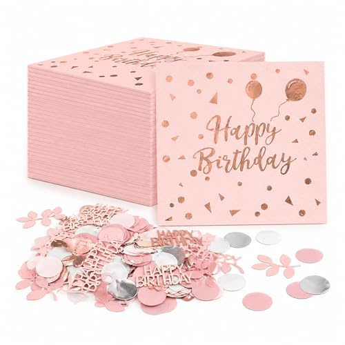 Ovanda 20 Stück Servietten Geburtstag Rosegold, 100 Stück Rosa Konfetti