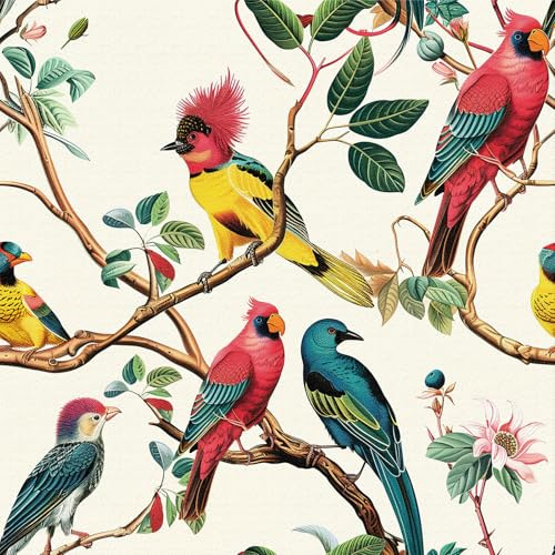 ANBILILA Papel Pintado Autoadhesivo, Estilo Tropical Retro Pintado a Mano Pelar y Pegar Papel de Contacto, 44x500CM Flores y Pájaros Vintage Papel Tapiz Removible Decorativo para Pared