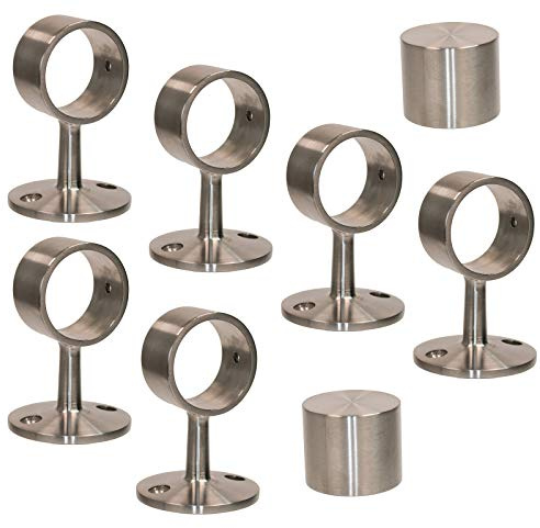 Edelstahl Endkappen & Seilträger Set für 40 mm Handlaufseil – 2 Endkappen + 6 Wandhalter matt gebürstet | Befestigung für Treppengeländer und Absperrseil | inkl. Schrauben und Dübel