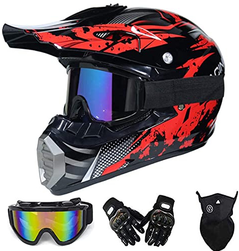 VOMI Motorradhelm Motocross Helm Kinder Rot Schwarz, Full Face Off-Road Motorrad Cross Helme mit Visier Brille Maske Handschuhe, Motorbike ATV MTB Freien Sport Motorcycle Helmet Set (S 52-53CM)