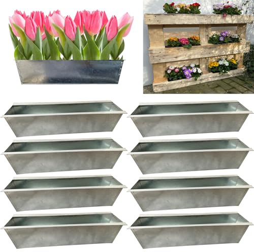 Hossi's Wholesale 8er Set Zink Paletten Blumenkästen - Einsatz 38cm groß Silber - aus Metall verzinkt - Zinkkasten Pflanzkasten Balkonkasten Blumentopf für Europaletten