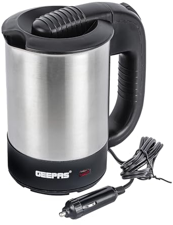 GEEPAS 12V Travel Kettle | Stainless Steel Portable Auto Shut Off Concealed Boil-dry Protection | Electric Kettle for Camping Caravan Van Road Trips with Cigarette Lighter | 2 Year Warranty 500ml