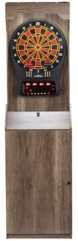 Arachnid Rustic Wood Cabinet: Freestanding LED Unit with E650 Electronic Board. Features 33 Games, 303 Variations, and 8-Player Scoring. Includes 6 Darts and Accessories for a Complete Setup
