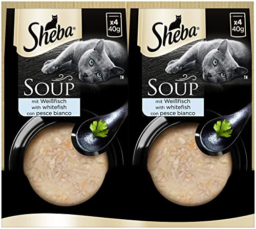 Busta di cibo umido per gatti adulti SHEBA Soup con Pesce Bianco, confezione da 40 (10x4x40g)