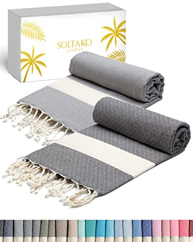 SOLTAKO XXL Strandtuch groß 100x200 Baumwolle Saunatuch Badetuch Hamamtuch Yoga Decke Pestemal Damen Herren Geschenkset extra groß leicht leicht, 100 x 200 cm (Anthrazit-Pastellgrau, 2)