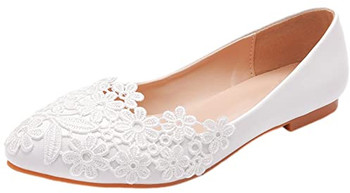 Jamron Mujer Elegante Puntiagudo Flores Encaje Zapatos de Novia Pumps Suela Blanda Bailarinas Blanco SN070435 EU39.5