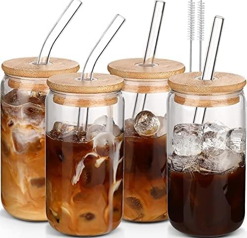 DWTS DANWEITESI Glass Cups with Lids and Straws 4 pcs,16oz Drinking Glasses Set for Coffee Bar Accessories,Iced Coffee Cups with Lids,Matcha Cup Glass Tumbler Reusable for Gifts