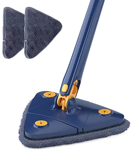 Caffney Cleaning Mop 360° Rotatable Triangular Mop Foldable Automatic Water Squeezing Wall Cleaning Mop Super Water Absorption Mop with 2 Replacement Mop Cloth for Floor Wall Window Cleaning