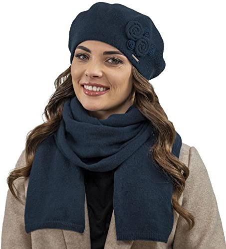 VIVISENCE Elegantes Damen Winter Set Aus Baskenmütze Und Langem Schal Aus Wärmendem Wollgarn Perfekte Passform Für Kalte Wintertage Ideal Für Elegante Und Sportliche Outfits, Dunkelblau,Einheitsgröße