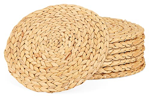 LEXININ 8 Pack 13 Inch Round Woven Placemats, 33cm Water Hyacinth Weave, Handmade Rattan Wicker, Heat Resistant Seagrass for Dining Table, Restaurant, Brown