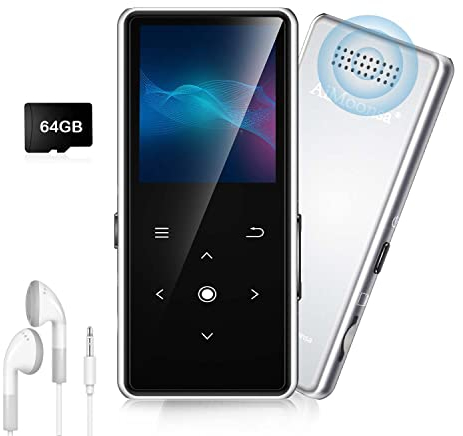 Lecteur MP3 64 Go avec Bluetooth 5.2, AiMoonsa Lecteur de Musique AiMoonsa avec Haut-Parleur HD intégré, Radio FM, enregistreur Vocal, Son HiFi, Fonction E-Book, écouteurs Inclus