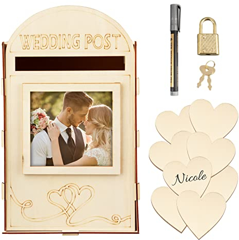 VINFUTUR Hochzeit Kartenbox Holz Hochzeitsbox Geschenkkarten Box Post Box Briefbox Geldbox + 20pcs Herz Holzdeko Streudeko + Schloss + Stift für Hochzeit Geburtstag Baby Shower Jubiläum Partydeko
