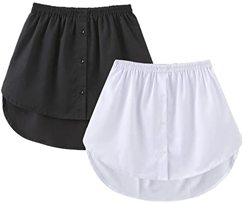 GOOBGS Women's Mini Underskirt Shirt Extensions Lower Skirt Sweep Shirt Extension Skirt with Buttons White-Black Small