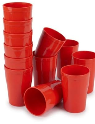 Buzztrove Unbreakable Reusable Plastic Cups Durable Plastic Drinking Cups Tumblers Set for Kitchen Outdoor Parties Picnics BBQ’s Travel Dishwasher & Microwave Safe (Set of 12) (300ml, Red)
