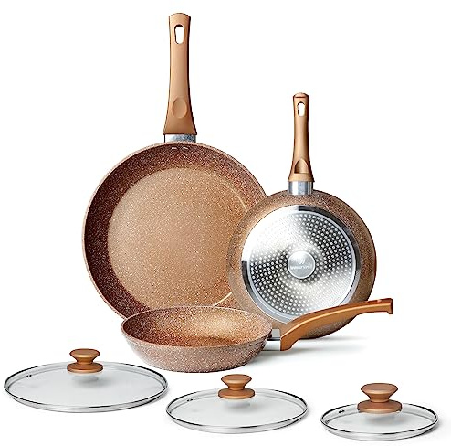 Healthy Nonstick Granite Cookware Set - 3 Pcs, Induction Skillets With Lids, PFOA Free, No Toxic Egg Omelette Frying Pan
