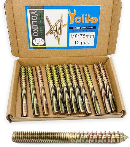 Yoliko 12 Pack M8 x 75 Hanger Bolts 75mm(2.95) Double Headed Bolts 8mm(0.31) Wood Dowel Self-Tapping Screw for Furniture Double Threaded Rods 75mm Length