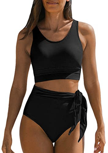 Dokotoo Damen Bikini Set High Waist Bauchweg Bademode Zweiteiliger Badeanzug Side Tie Swimsuit, schwarz, XL