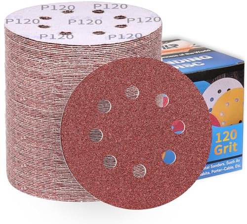 ALPXUXP Disques abrasifs 125 mm Papier abrasif grain 120 8 trous, revêtement abrasif antiadhésif pour ponceuse orbitale aléatoire excentrique (100 pièces)