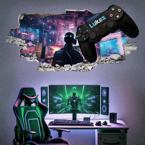 tjapalo® P80x Gamer Wandtattoo 3D Kinderzimmer Jungen Bild Mit Name Personalisiert Gaming Deko, Größen Name: B110xH56cm