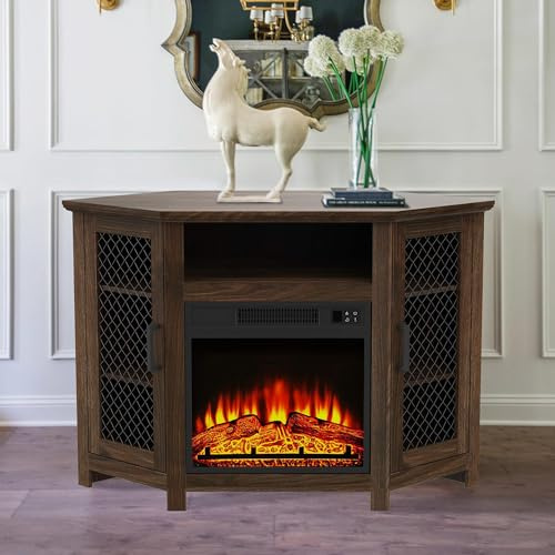 Fireplace TV Stand for TVs up to 55 Inch, 45 Corner TV Stand with Electric Fireplace Farmhouse Media Console with Mesh Cabinet Doors, 18 Electric Fireplace Insert (1400W) with Remote & Timer, Walnut