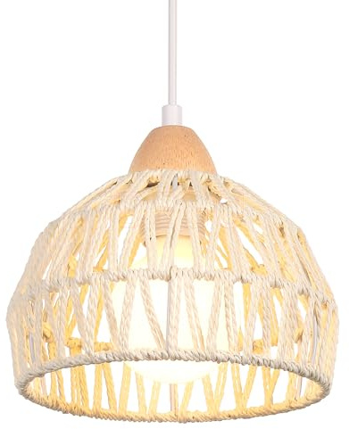iDEGU Ø20cm Hängelampe Retro E27 Hängeleuchte aus Rattan Holz Bohème-Stil Geflochten Deckenleuchte Vintage Pendelleuchte für Flur Wohnzimmer Schlafzimmer Esszimmer Küche Restaurant (Weiß Rattan)