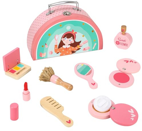 SOKA Wooden Make Up Toy Set Pretend Play Vanity Beauty Cosmetic Make Up Kit with Cute Case Makeover Role Play Games for Kids Children Little Girls Ages 3 year old +