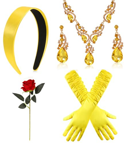 HOWAF Costume da principessa per donne, tiara da principessa, fascia con guanti gialli, collana e orecchini con strass di cristallo, set di gioielli rosa, costumi di Halloween per donne Belle Dress Up